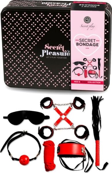 BDSM set Secret Bondage červeno-čierny od Secret Play s kusmi z umelej kože a lanom