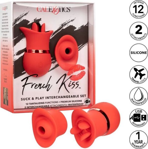 Červený stimulátor klitorisu CalExotics French Kiss Suck & Play Set s dvoma vymeniteľnými nadstavcami
