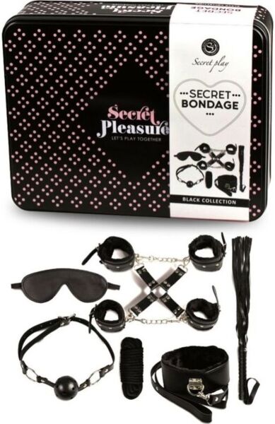 BDSM set Secret Play Secret Bondage 8 dielov čierny s putami, bičom, knebľom, maskou na oči, obojkom a lanom