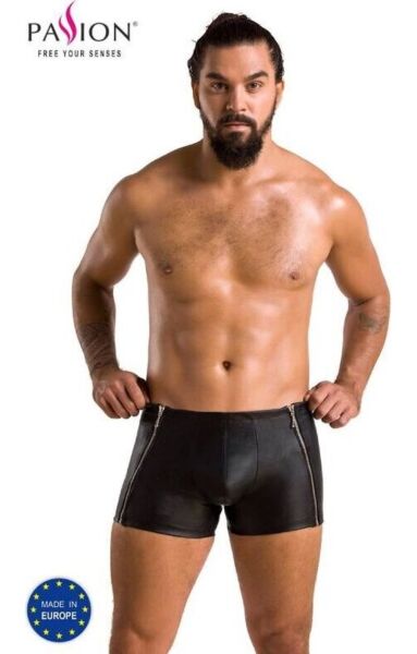 Pánske boxerky Passion 049 Short Matt z čiernej ekokože s kovovými zipsami