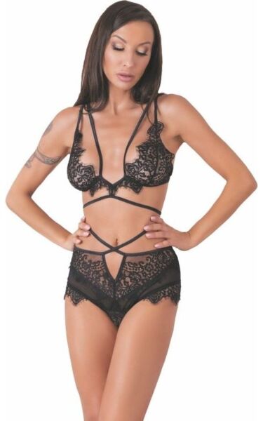 Komplet spodnej bielizne Livco Corsetti Dresden: čierna podprsenka a nohavičky hipster so zlatými prackami