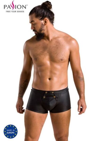 Boxerky Passion 050 Short Patrick z čiernej ekokože s kovovými patentkami