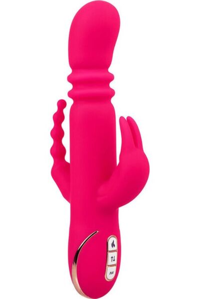Rabbit vibrátor Jack Rabbit Signature Triple Fantasy od CalExotics v ružovej farbe, s drieku, ušami a chvostom