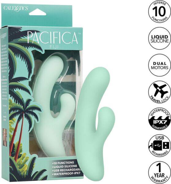 Vibrátor na G-bod CalExotics Pacifica Fiji z priehľadného zeleného silikónu so zakriveným driekom a druhým stimulátorom