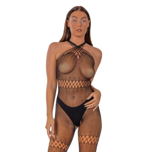 Bodystocking Lace Crossover Neck s otvoreným rozkrokom