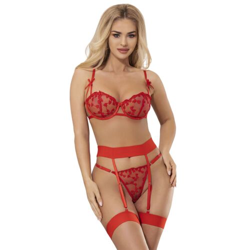 Sexy súprava bielizne SUBBLIME HEART PRINT BRA + THONG + GARTER BELT