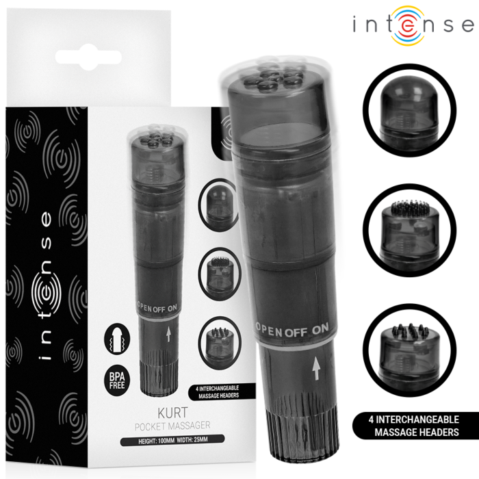 Masážny vibrátor INTENSE FUN TOYS KURT MINI so 4 hlavicami, čierny