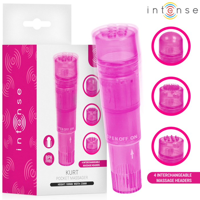 Mini vibrátor INTENSE FUN TOYS KURT so 4 vymeniteľnými hlavicami ružový