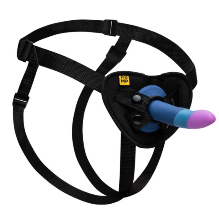 ROMP - PICCOLO HARNESS + SILICONE DILDO WITH TRICOLOR SUCTION CUP 14 CM ROMP - PICCOLO HARNESS + SILICONE DILDO WITH TRICOLOR SUCTION CUP 14 CM
